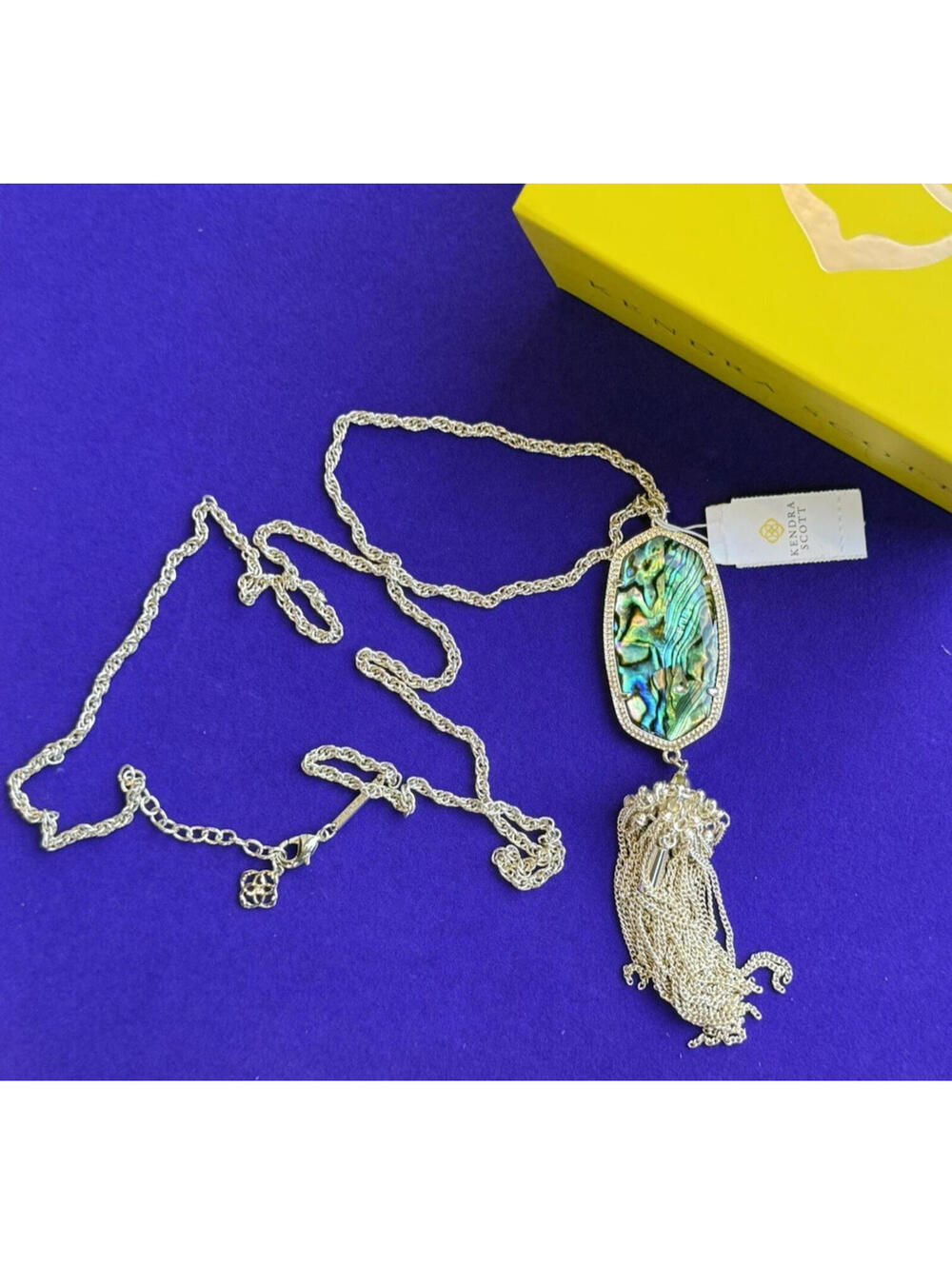 NWT Kendra Scott Rayne Abalone Shell Pendant Necklace Silver Tone 30"‎ Long